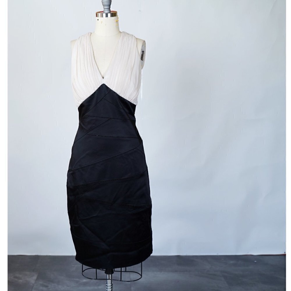 Jax Pleated Satin Dress Black Cream 12 Cocktail Party Evening Wedding Classic
